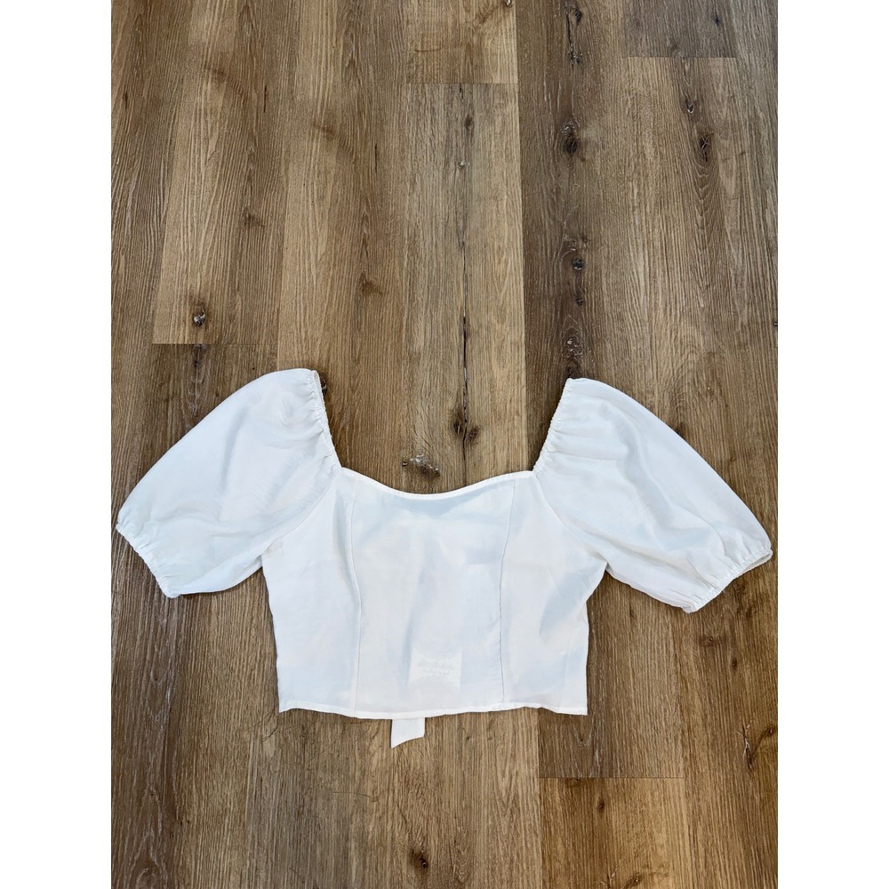 Altar'd State Crop Top Womens L White Puff Sleeve Smocked Tie Back Festival Boho